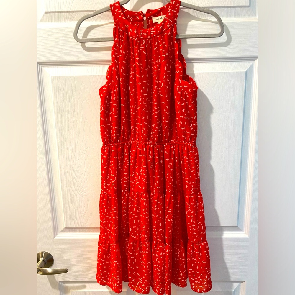 Monteau Los Angeles, red with white birds, scallop sleeve sleeveless dress